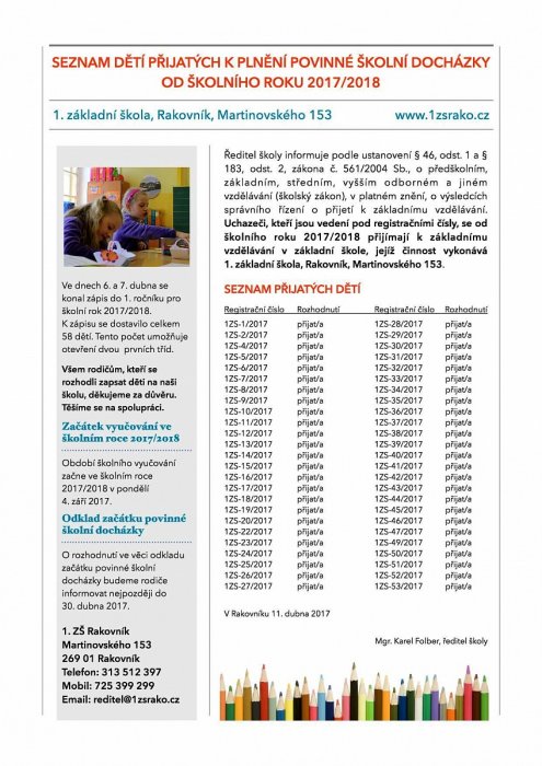 Seznam dětí přijatých k plnění povinné školní docházky ve školním roce 2017/2018